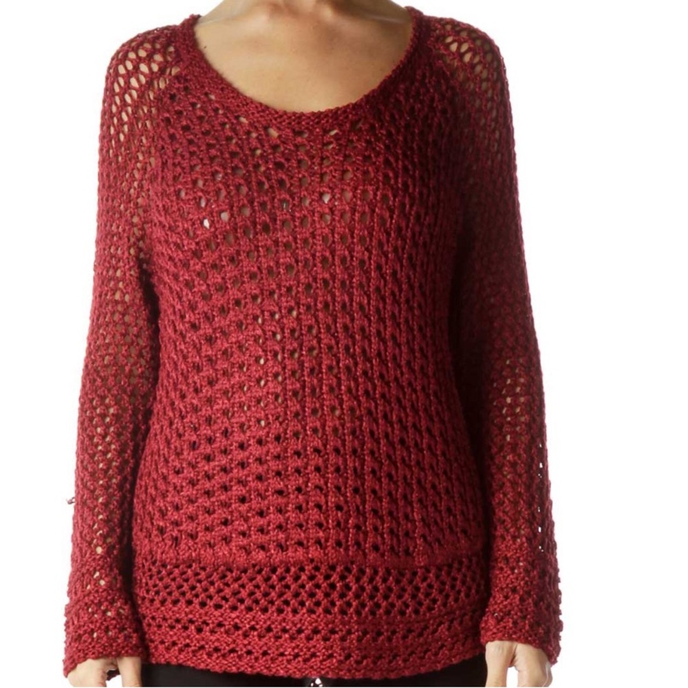 Lucky Brand Crochet Sweater Size Small Red Relaxed Scoop Neck Relaxed Fit